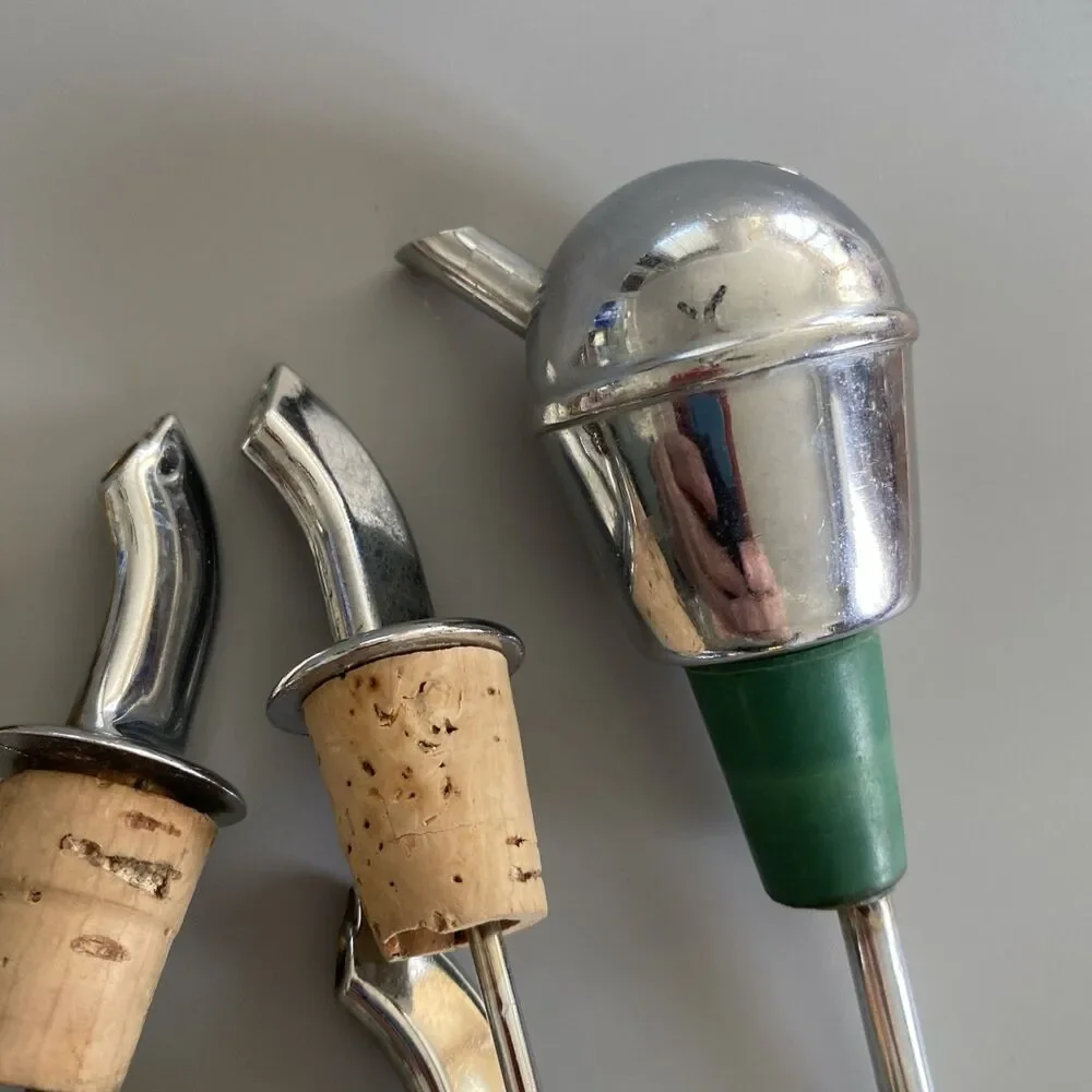 8 Vintage Mid-Century Modern Drink Liquor Bottle Shot Pourers Spouts Chrome Ads